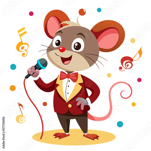 Cute Cartoon Mouse Singer Illustration with Microphone and Music Notes