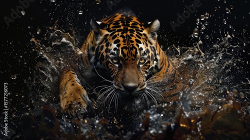 front view, high-speed jaguar tiger, speeding through black, debris water drop. realistic colors, pro camera shot