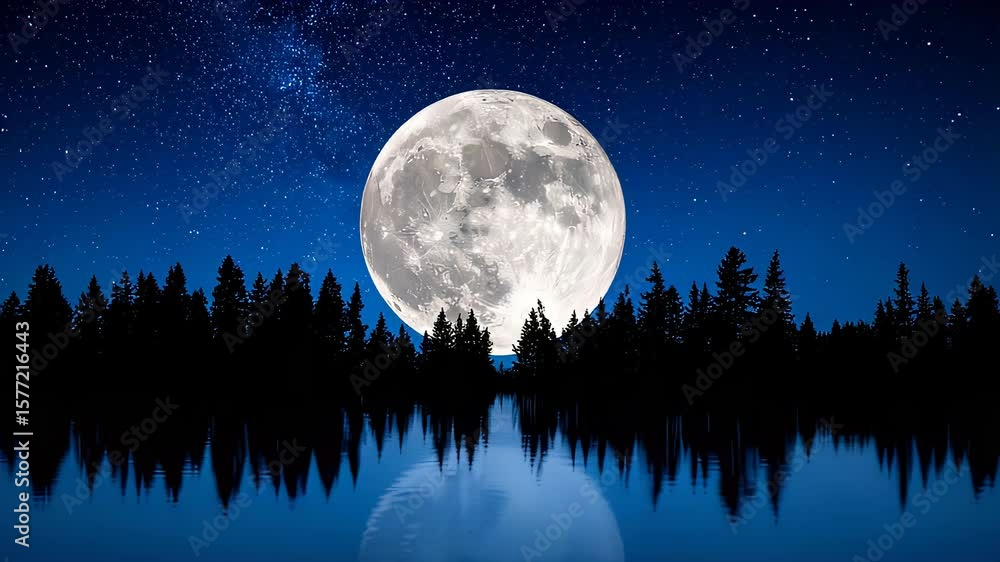 Full Moon Rising: Night Sky, Forest Silhouette, and Water Reflection Full Moon Rising: Night Sky, Forest Silhouette, and Water Reflection