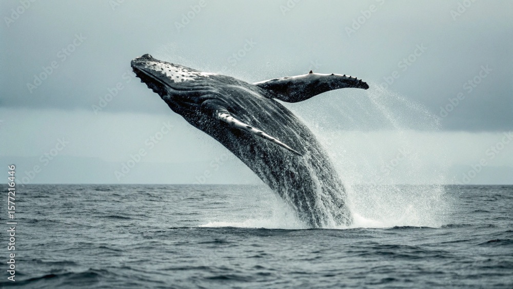 Obraz premium An explosive moment in nature as a giant humpback whale launches its entire body out of the water. The monochrome treatment emphasizes the raw power and texture of the whale's skin