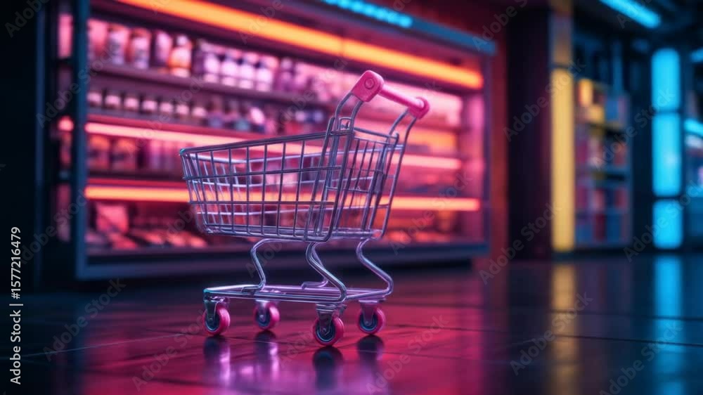 custom made wallpaper toronto digitalA glowing neon shopping cart against a futuristic backdrop symbolizes modern retail, AI commercial technology, and consumerism. 4k video
