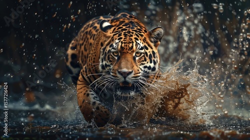 front view, high-speed jaguar tiger, speeding through black, debris water drop. realistic colors, pro camera shot