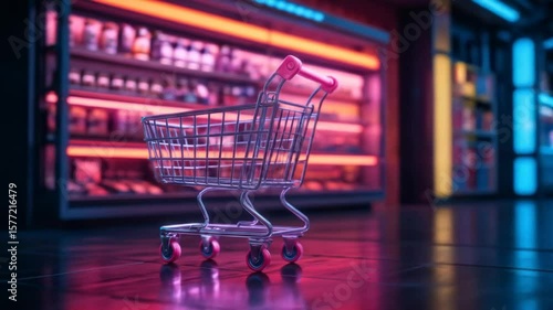 Wallpaper Mural A glowing neon shopping cart against a futuristic backdrop symbolizes modern retail, AI commercial technology, and consumerism. 4k video Torontodigital.ca