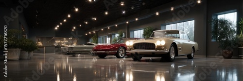 Classic vintage car collection in a luxurious showroom with gleaming floor