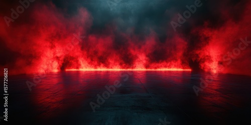 Dark atmospheric setting with red fog and glowing light in an empty room at night