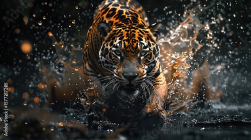 front view, high-speed jaguar tiger, speeding through black, debris water drop. realistic colors, pro camera shot