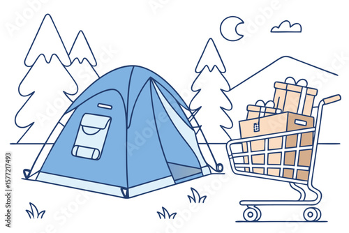 Blue Camping Tent Beside Shopping Cart Filled with Cardboard Boxes
