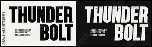 Condensed grunge vector font with texture. Alphabet font with uppercase and number