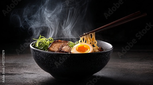 Japanese ramen bowl with noodles, pork and egg on dark background with steam and empty copy space