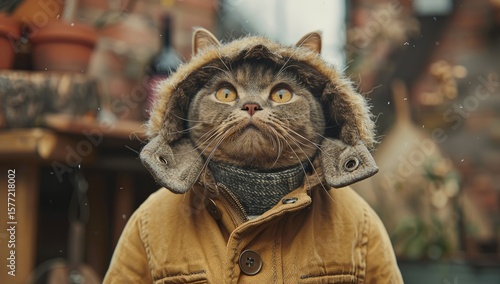 front view of a British shorthair cat dressed in a casual jacket standing straight, full body shot, realistic fur texture, neutral background,