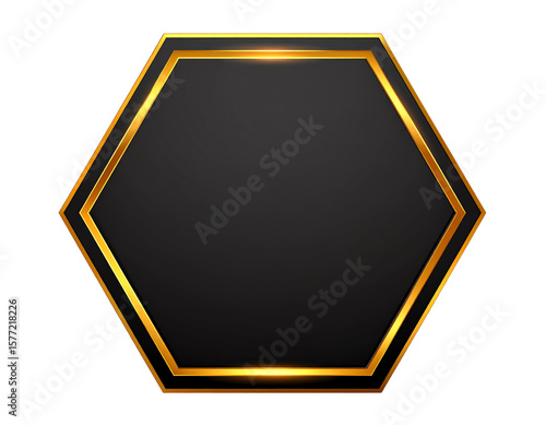 Black pentagon button with golden frame vector illustration. 3d glossy elegant design for empty label, emblem, medal or badge, shiny and gradient light effect on plate isolated on white background.