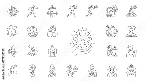Wellness and Self-Care Line Icon Set – Meditation, Mental Health, Fitness, Nutrition, Relaxation, Stress Relief Vector

