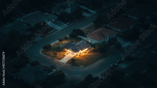 Stunning photo of single brightly lit house glowing in the middle of a pitch-black neighborhood during a power outage, dramatic aerial view at night.