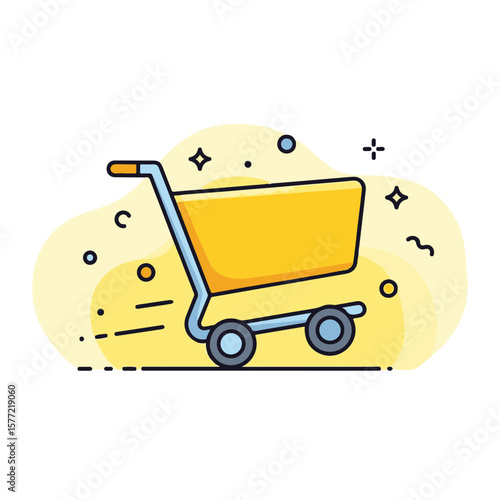 A yellow shopping cart moves quickly, surrounded by abstract shapes and sparkles.