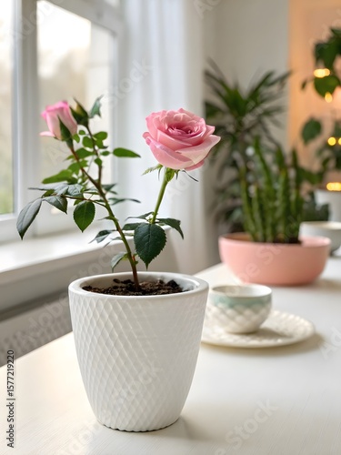 Wallpaper Mural Pink Rose in White Ceramic Pot – Serene Bloom by Sunlit Window Torontodigital.ca
