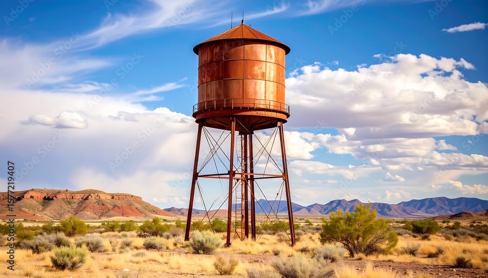 Fototapeta premium Vintage Water Tower Stands Tall in Desert Landscape Under Blue Sky.