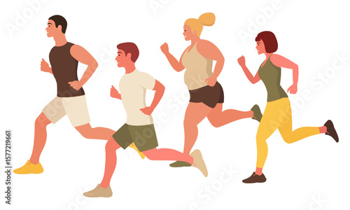 A group of people running down the street. Doing sports. Flat style.