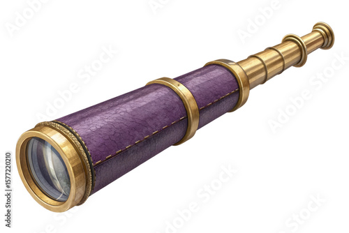 Antique brass and purple leather telescope with intricate details isolated on transparent background