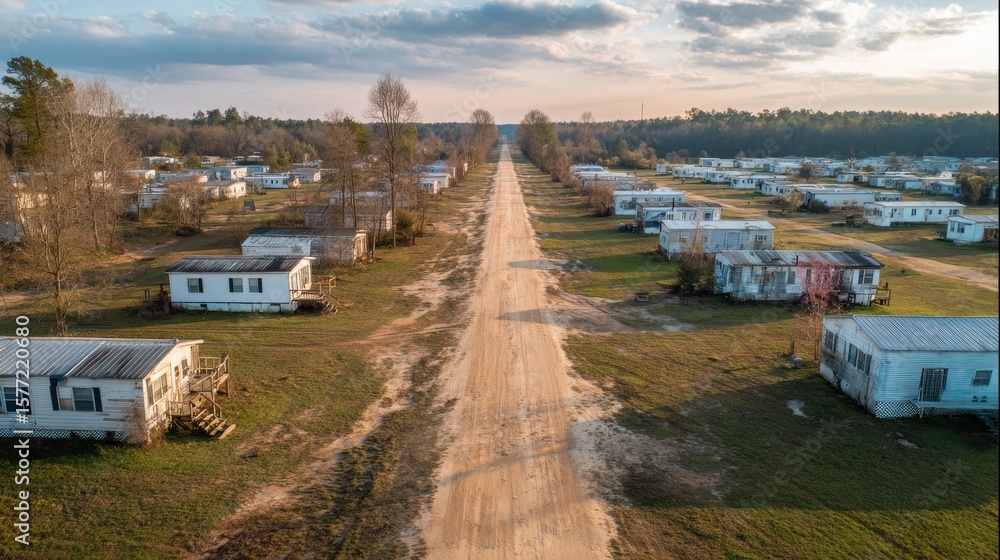 Fototapeta premium Stunning photo of empty Mobile Home Park on a Rural Road.