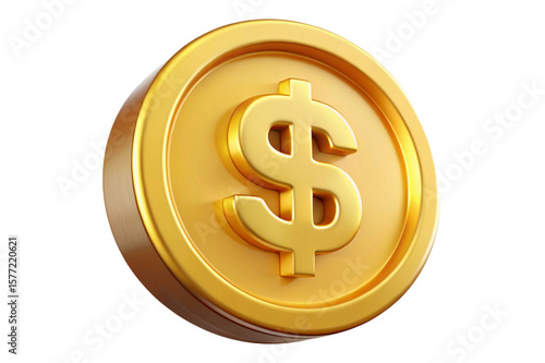 Shiny golden coin with dollar symbol isolated on transparent background