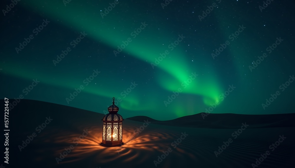 Fototapeta premium Desert Lantern Under a Green Aurora and Starry Night