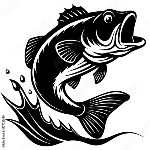 Vector art of a black silhouette of a bass fish jumping out of the water with a splash