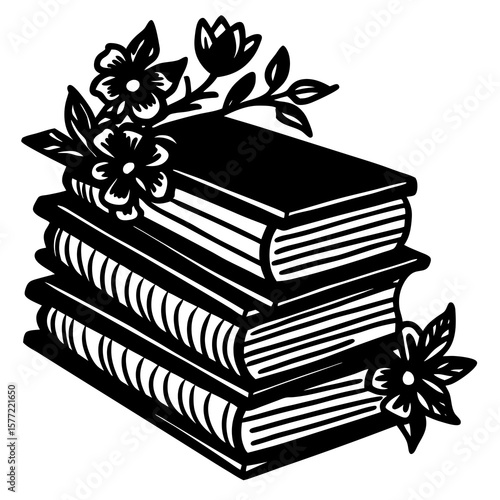 Vector art of a stack of books adorned with flowers, symbolizing knowledge and reading