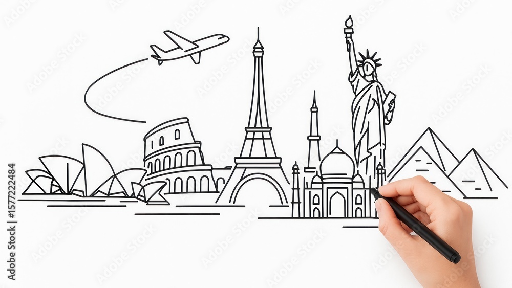 Fototapeta premium A hand draw a global landmarks for travel management and planning on a white background, Itinerary Creation, and Vacation Planning