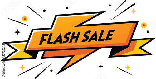 
Here's a one-sentence title for the image:

A dynamic "Flash Sale" banner design featuring a prominent orange lightning bolt and ribbon, often with radiating lines or small decorative element