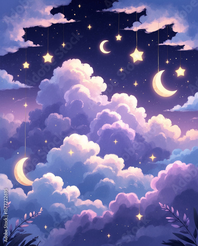 soft pastel sky artwork showing purple clouds night atmosphere with crescent moonlight and dreamy celestial stars anime style nature landscape illustration for wallpaper background