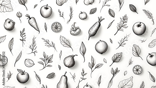 Monochrome Seamless Pattern Featuring Apples Pears Lemons Carrots and Botanical Elements on