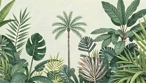 Tropical Rainforest Vector – Southeast Asian Trees and Plants in Lush Green Jungle Illustration for Living Room or Bedroom Wall Murals and Home Decor