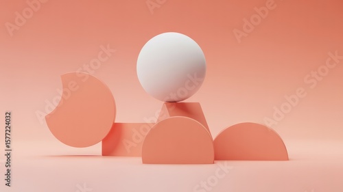 Still life of white sphere balanced on peach geometric shapes against peach background scene rendering