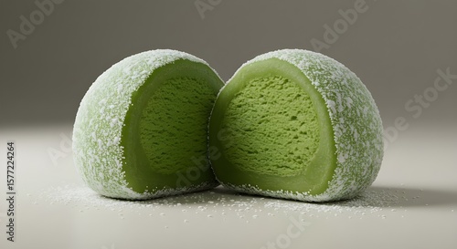 A green tea mochi ice cream ball dusted with rice flour.