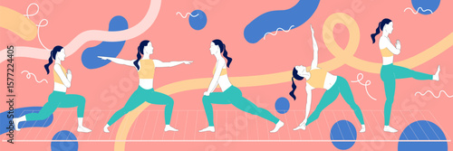 Different poses of a woman exercising in retro colors inspired by the 80s and 90s style