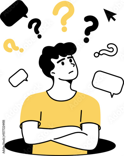 Man in contemplation with question marks above his head searching for ideas and solutions