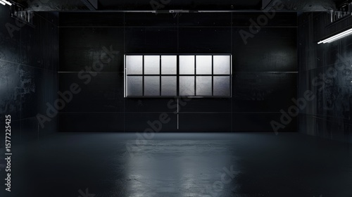 frontal view a black wall made of latex, there is a rectangle windows in the middle, the scene takes place in a very dark workshop 