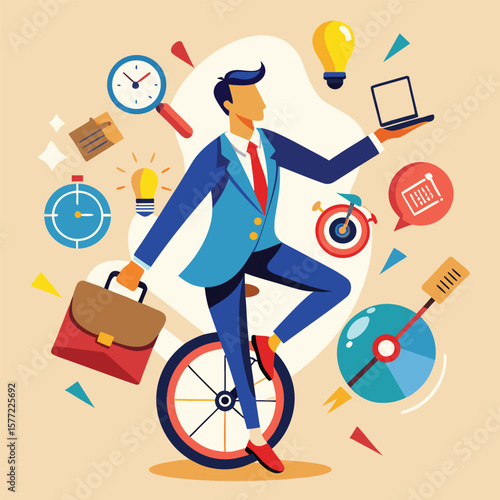 Businessman balancing on unicycle with business icons