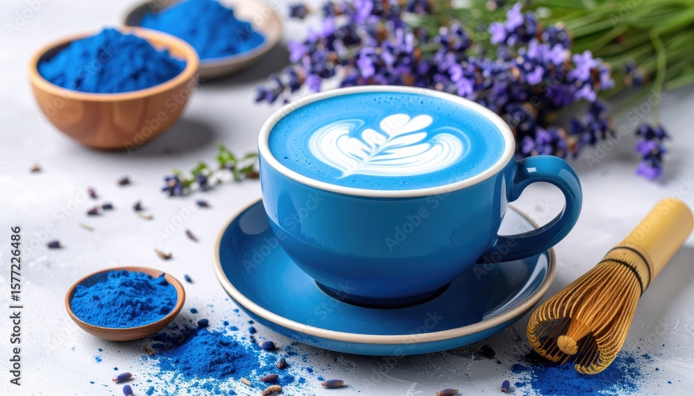 Vibrant blue latte served in a blue cup, surrounded by lavender flowers and colorful blue powder on a light background Vibrant blue latte served in a blue cup, surrounded by lavender flowers and colorful blue powder on a light background