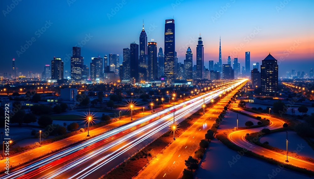 Fototapeta premium Illuminated City Skyline at Night with Light Trails