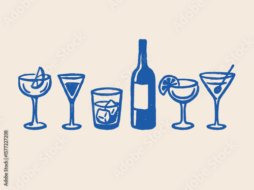 Cocktail and wine glasses set, naive sketch style, vector illustration