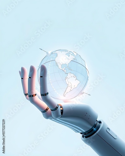 Robot hand gently cradles a glowing digital globe, symbolizing global technology, innovation and the future of artificial intelligence.