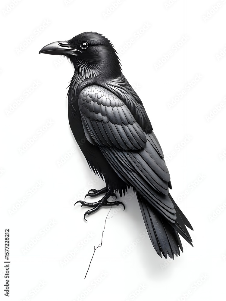 Fototapeta premium Detailed Black Raven Bird Illustration Perched on a Clean White Background