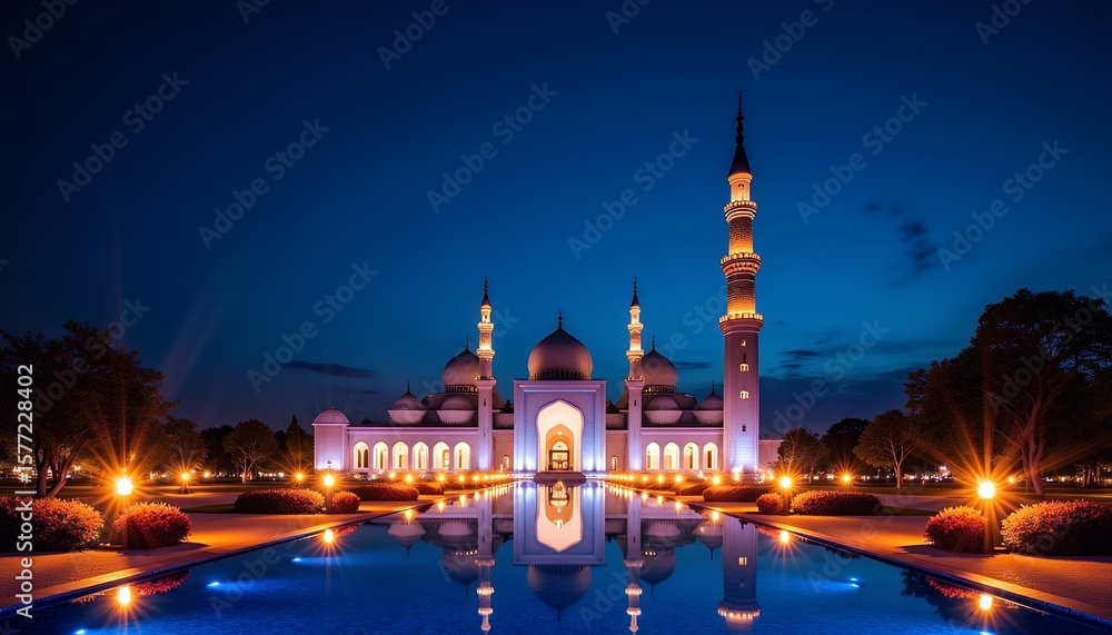 Fototapeta premium Illuminated Mosque at Dusk with Reflecting Pool