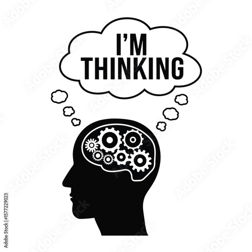 Human head with turning gears and thought bubble saying I'm thinking black and white vector illustration