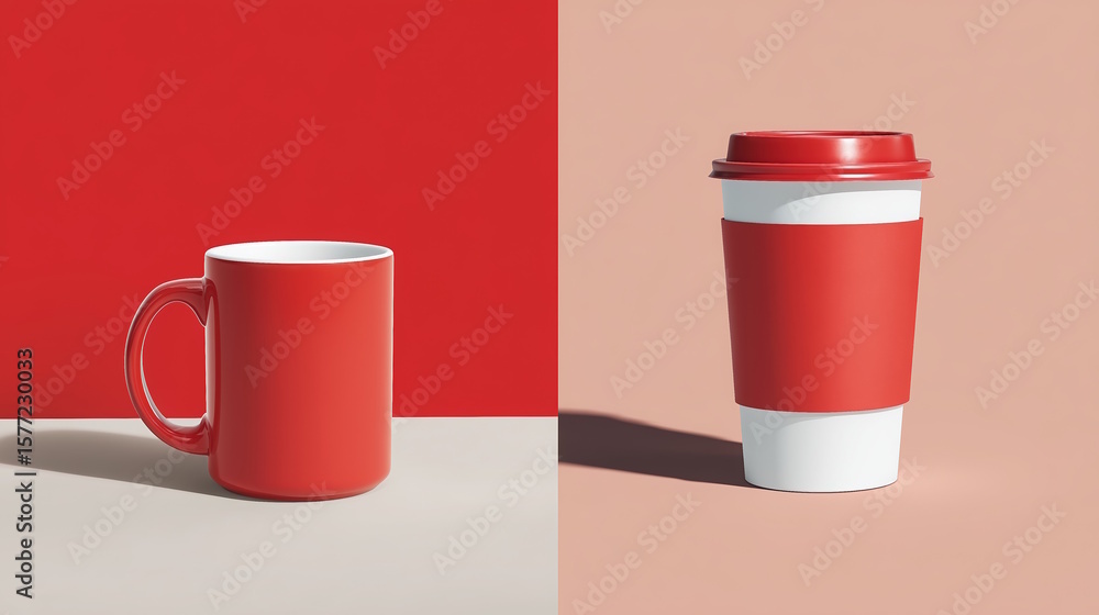 Red ceramic mug and paper cup on a contrasting red and pink background. Red ceramic mug and paper cup on a contrasting red and pink background.