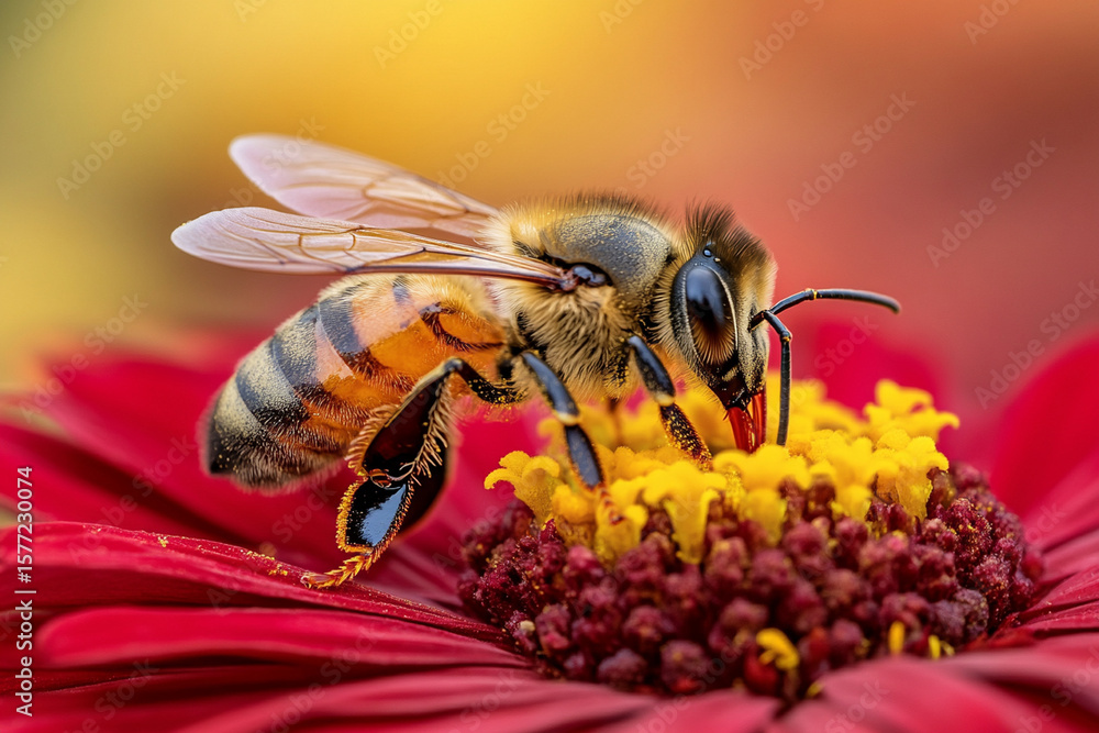 Fototapeta premium Honeybee gathers nectar from a vibrant flower in spring