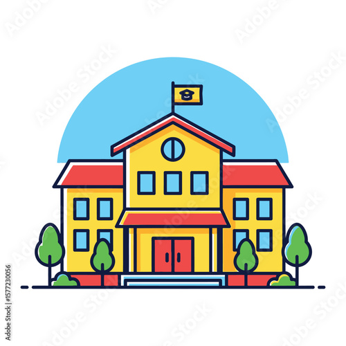 A colorful illustration of a school building with a flag on the roof.
