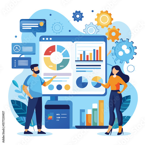 Professionals analyzing data with charts and gears