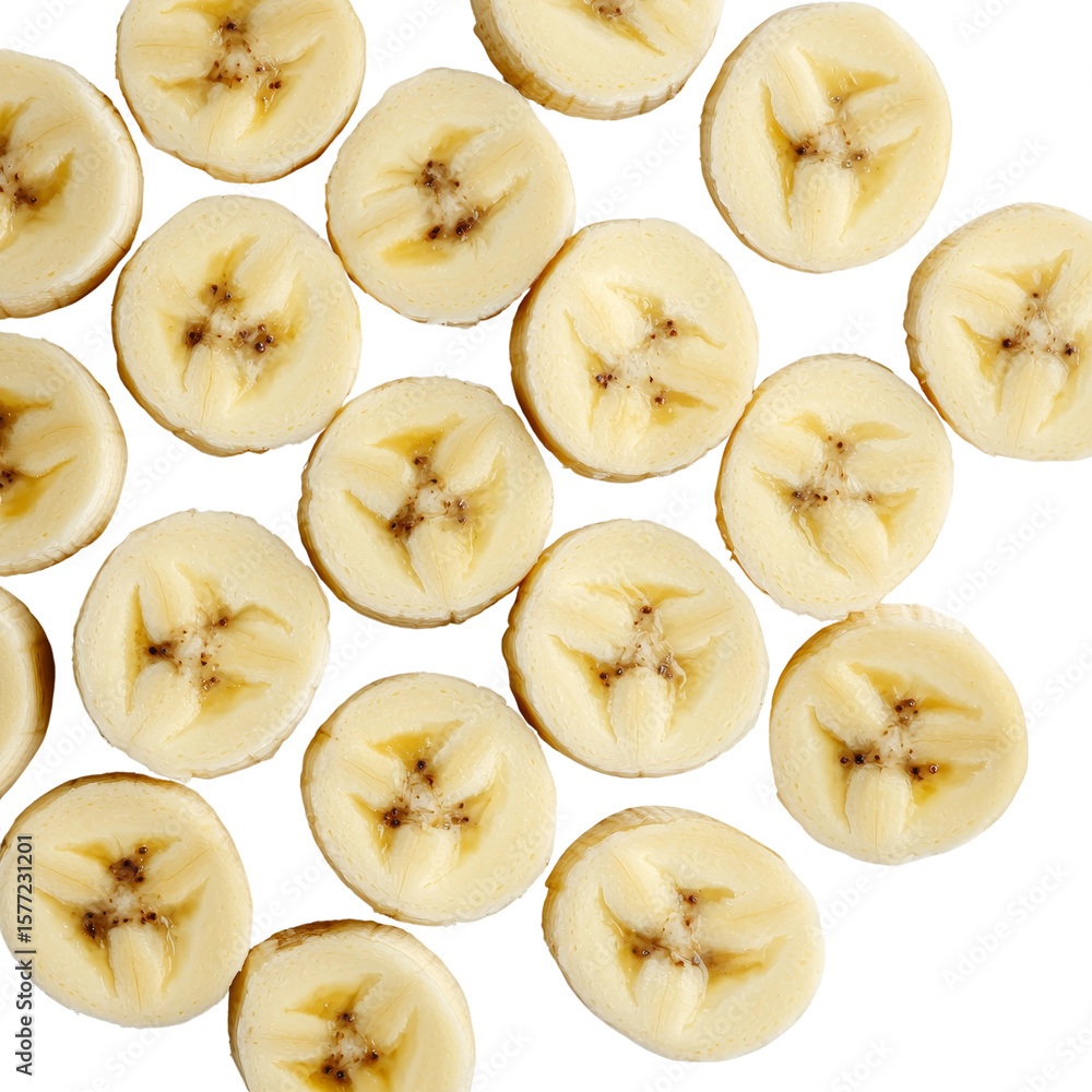 Sliced bananas arranged in a pattern. Raw material. Sliced bananas arranged in a pattern. Raw material.